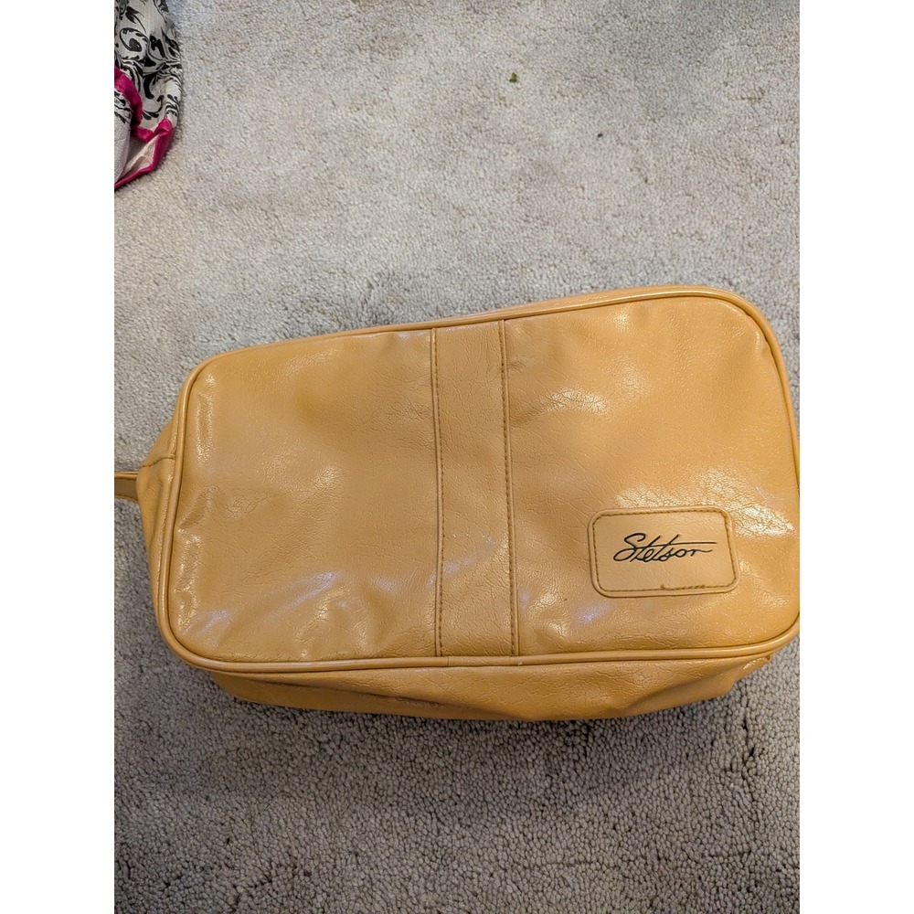 Vintage Stetson Tan Faux Leather Dopp Kit Travel Toiletry Bag Western Grooming